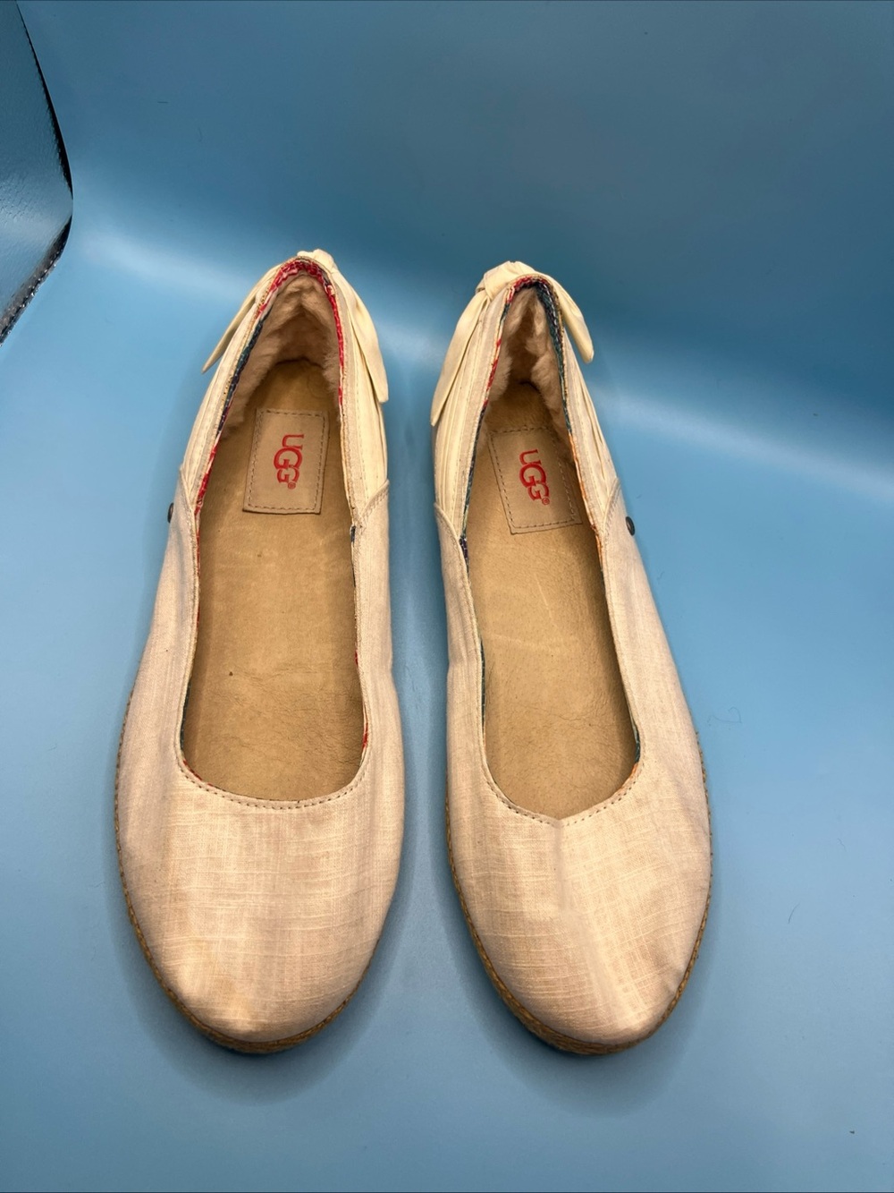 UGG Perrie White Canvas Skimmer Flats Espadrilles Back Bow Women's Size 7 Sample